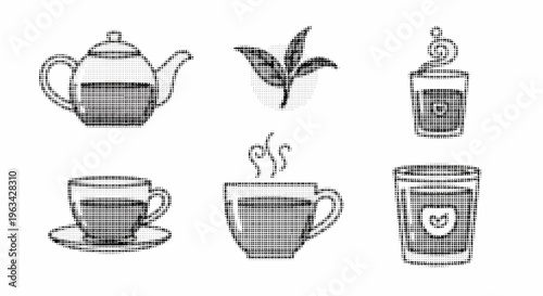 Halftone tea and coffee illustration set with leaves  various cups and teapot in black and white