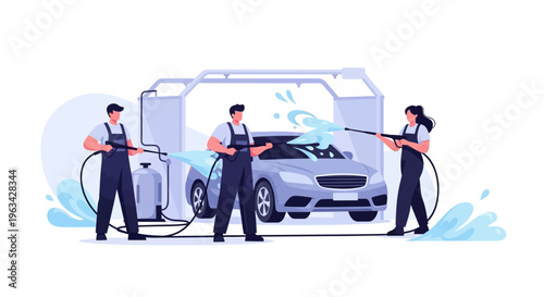 Men washing a car with pressure washers.