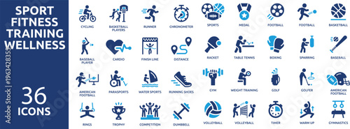 set of 36 solid icons. Part 1. Mega collection concept of sport, fitness, training, gym and wellness.