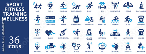 set of 36 solid icons. Part 3. Mega collection concept of sport, fitness, training, gym and wellness.