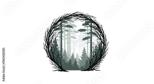 A circular frame of dark, gnarled tree branches encircles a misty, monochrome forest of tall pine trees against a bright background.