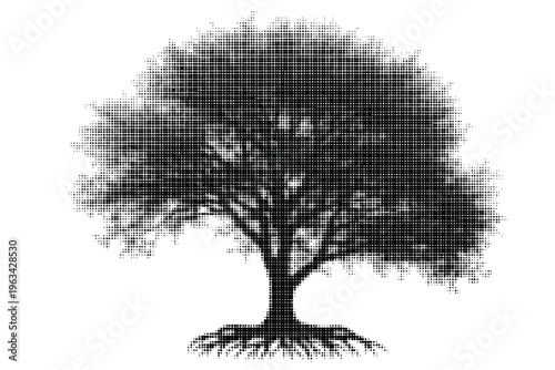 Halftone tree illustration with roots and leaves on white background