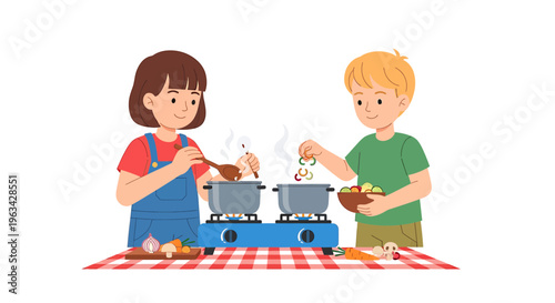 Two kids cooking food on portable stove with pots and ingredients on red plaid tablecloth outdoors