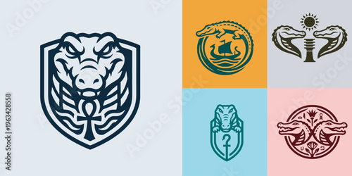 Collection of stylized crocodile emblems and logos with Egyptian and nautical themes.