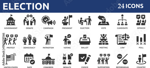 Election and voting 24 icon set. Containing democracy, vote, government, voting, campaign, political, voter, ballot, candidate and president icons.