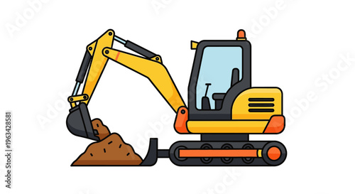 Yellow excavator digging into dirt pile.