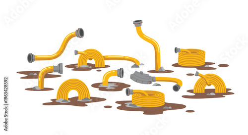 Multiple yellow pipes, some coiled and some bent, emerge from and are partially submerged in brown mud puddles on a white background.