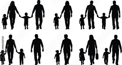 Black silhouette illustration of family groups with parents and children walking together representing unity, love, and togetherness