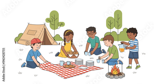 Children on a picnic with tent and campfire in a park outdoors