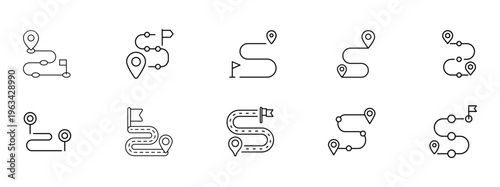 Roadmap icon set, business strategy and planning icons, project timeline roadmap symbols, navigation path and process icons pack, goal planning UI vector set