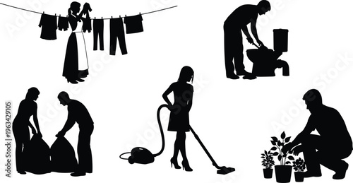 Black silhouette illustration of people performing household chores including laundry, cleaning, vacuuming, gardening, and taking out trash
