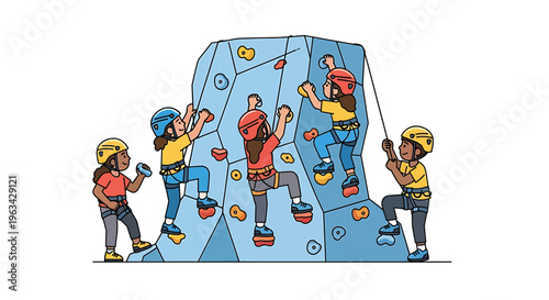 Children wearing safety gear climbing an artificial indoor rock wall with colorful holds