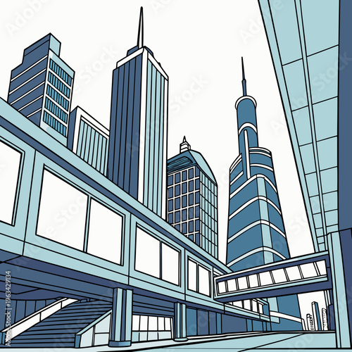 A city skyline with tall buildings and a walkway