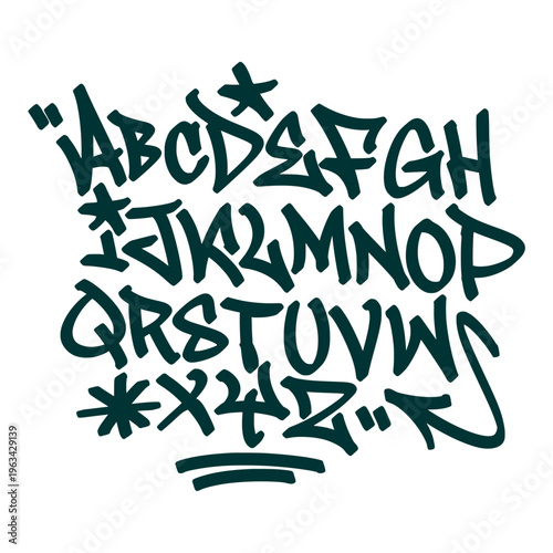 Complete Bold Graffiti Tag Alphabet Set A-Z in White Handstyle Typography with Teal Spray Paint Background for Edgy Street Art Projects