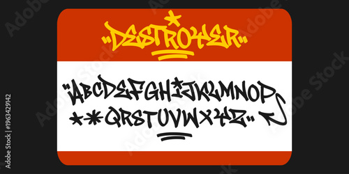 Graffiti Tag Word "DESTROYER" and Complete Alphabet Set A-Z in Gritty White Handstyle Typography with Realistic Aerosol Drips for Urban Graphics