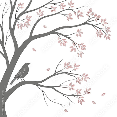 A bird perched on a blooming tree branch