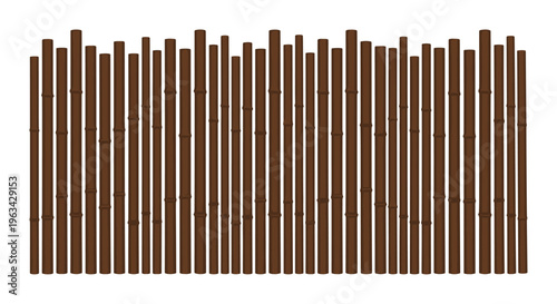 A uniform brown bamboo fence, composed of numerous vertical, dark brown bamboo poles, is neatly arranged against a stark white background.