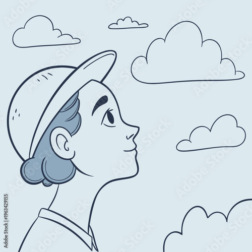 A man in a hat looks up at the clouds