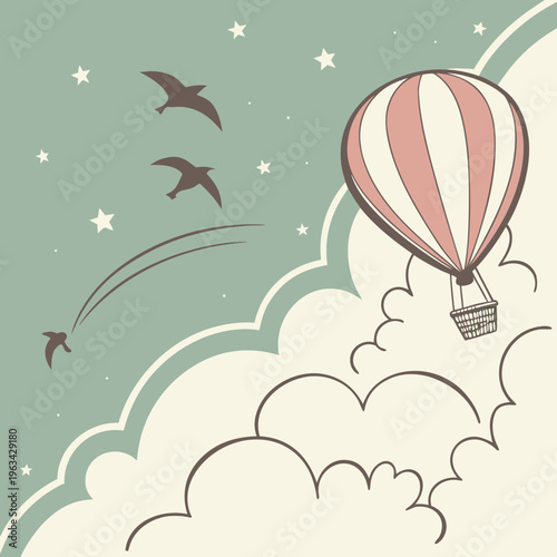 A hot air balloon flies through the sky with birds