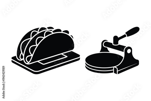 Taco holder and tortilla press icons mexican food with fast food