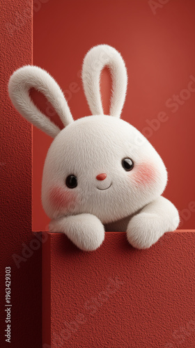 Title:
Cute White Bunny Toy with Pink Ears on Soft Background, Adorable Plush Rabbit
