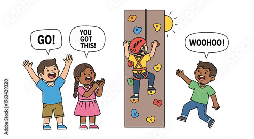 Diverse kids cheering friend rock climbing wall with encouragement