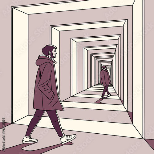 A person walking down a long corridor with another person in the distance