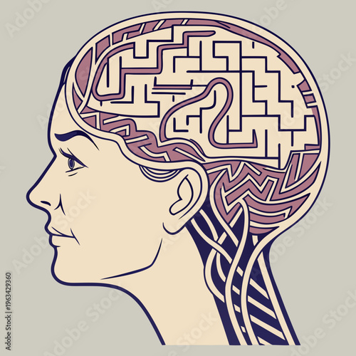 A woman's head with a maze in her brain