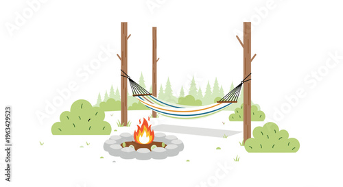 A striped hammock hangs between two trees near a stone campfire in a forest clearing with green bushes and pines.