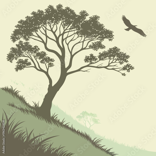 A tree on a hill with a bird flying overhead