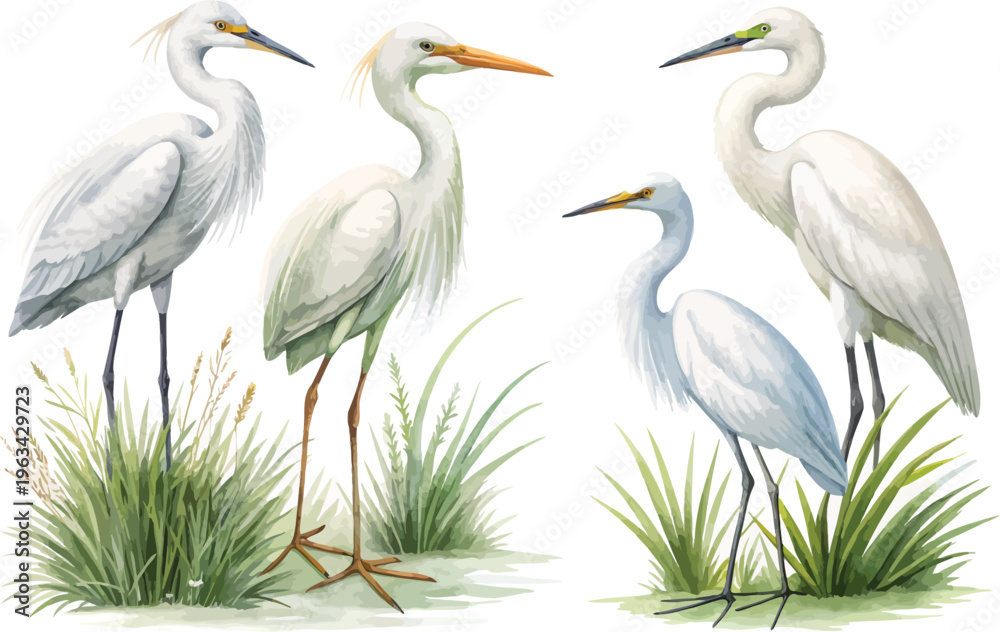 Obraz premium set of Watercolor Egret, Wetland Bird Clipart, vector illustration isolated on white background