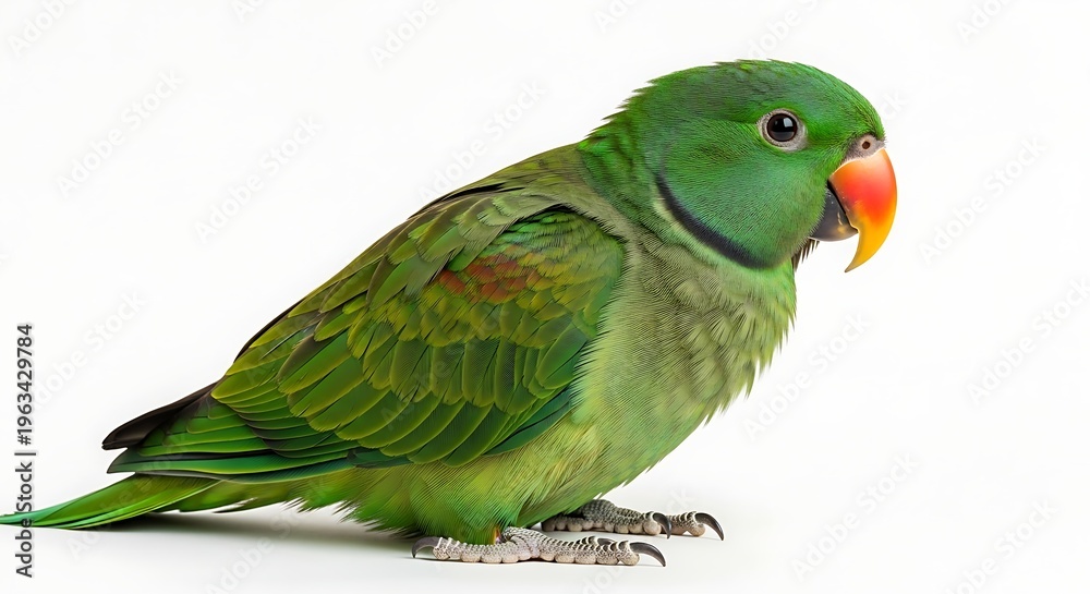 Naklejka premium Green Parrot Perched on White Surface - A Detailed View.