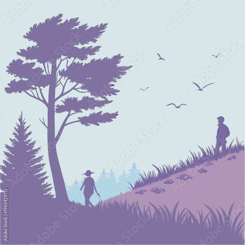 Two people hiking on a hill with trees and birds