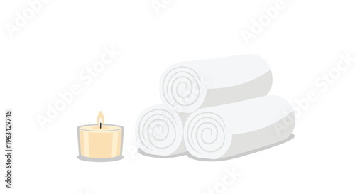 Three neatly rolled white towels are stacked beside a lit tea light candle on a pristine white background.