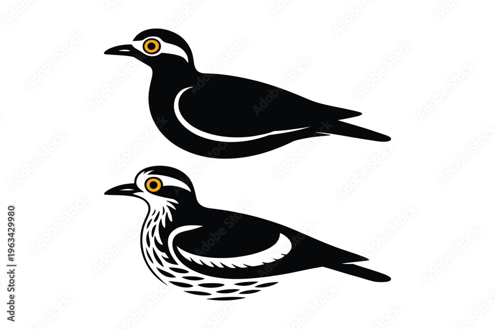 Fototapeta premium Two black silhouette birds with yellow eyes vector illustration