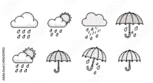 Pixel art rain icons with clouds and umbrellas in black on white background