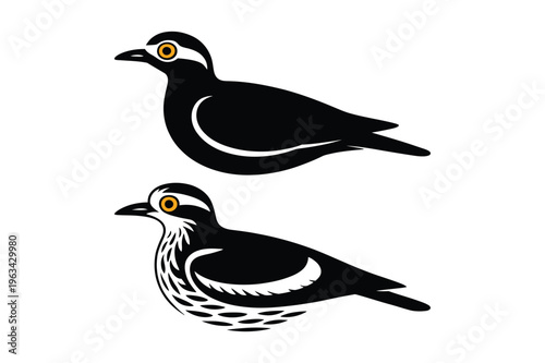 Two black silhouette birds with yellow eyes vector illustration