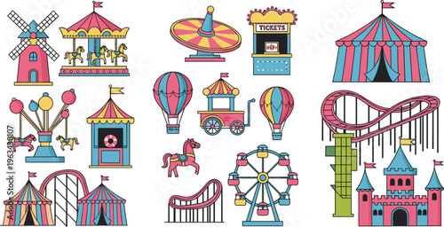 Amusement park and circus vector set with carousel, ferris wheel, roller coaster, tent and carnival attractions in flat illustration style