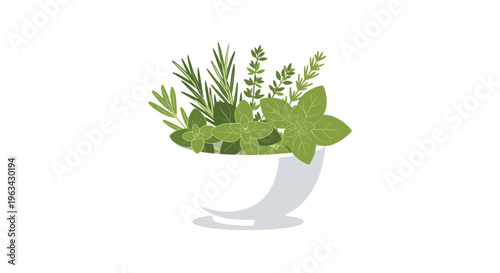 A white ceramic bowl is filled with a variety of fresh green herbs on a clean white background.