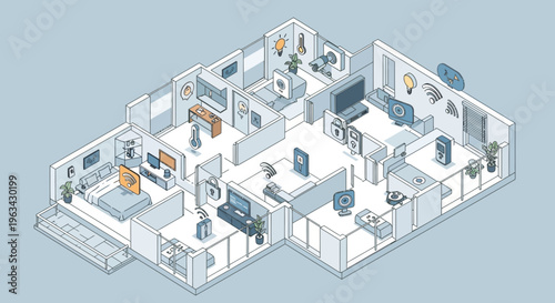 Isometric Smart Home Floor Plan with Connected Devices.
