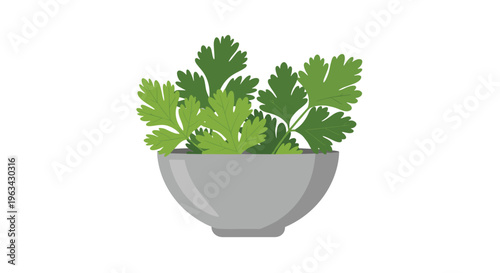 A grey ceramic bowl is filled with fresh green cilantro leaves on a plain white background.