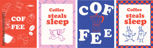 Retro cartoon coffee posters doodle style coffee cups espresso machine cappuccino typography design for kitchen decor