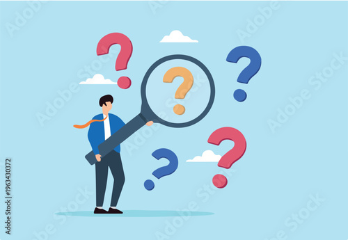 Flat illustration of businessman hold magnifying glass analyzing question mark to investigate and solve problem