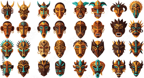 African tribal masks vector set with ethnic decorative faces, cultural ornaments and traditional art elements in detailed flat illustration style