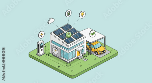 Modern EcoFriendly Smart Home with Solar Panels and Electric Car.