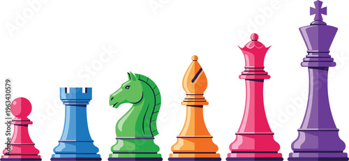 Colorful chess pieces vector set including king queen bishop knight rook and pawn in vibrant hues for business strategy and competition concepts.