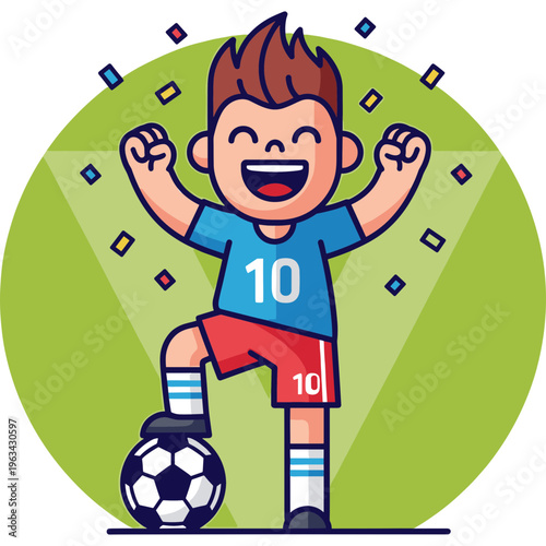 A young boy celebrates kicking a soccer ball on a green field