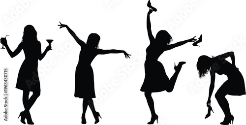 Black silhouette illustration of women in dresses and high heels holding cocktails, dancing, posing, and picking up shoes