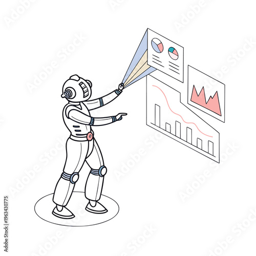 Robot presenting business charts and graphs, infographic elements, futuristic illustration, data analysis concept, technology and finance