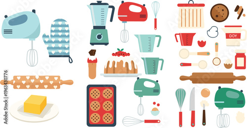 Baking and kitchen utensils vector set with mixer, blender, rolling pin, cake, cookies and pastry tools in cute flat illustration style